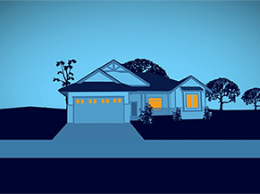 Illustration of a residential house with lights on