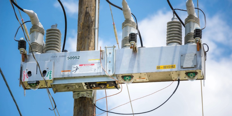 An S&C IntelliRupter® PulseCloser® Fault Interrupter rests on a pole in the foreground with electrical wires connected to it. In the background is a blue sky with wispy white clouds. An S&C IntelliRupter® PulseCloser® Fault Interrupter rests on a pole in the foreground with electrical wires connected to it. In the background is a blue sky with wispy white clouds.