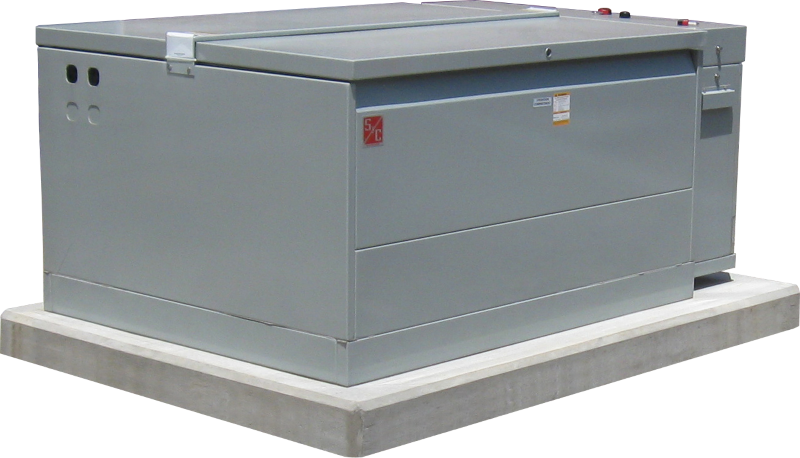 Corner view of a Remote-Supervisory Vista® Underground Distribution Switchgear unit. It is a muted gray-green color with a red S&C logo on its front. The unit is closed and sits neatly on a concrete pad.
