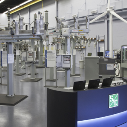 Photo showing the control desk of S&C's product demonstration center at our Chicago, IL headquarters. controls, automation, engineering, presentation, desk, demonstration, innovation