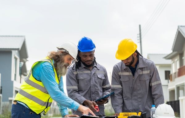 Three people wearing hard hats reviewing plans at an outdoor worksite.