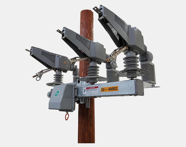 right side profile of a compact-crossarm upright three-pole operated environmentally friendly switching system that uses a vacuum interrupting medium for overhead distributed automation Scada-Mate® SD Switching Systems, environmentally friendly switching system, compact-crossarm upright, compact-crossarm upright three-pole operated environmentally friendly switching system that uses a vacuum interrupting medium for overhead distributed automation