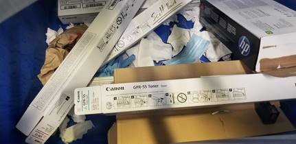 Improper disposal of PPE masks in printer toner recycling