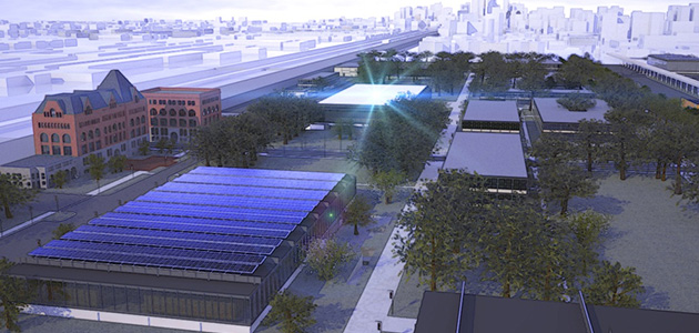 Building rendering with solar panels on the roof