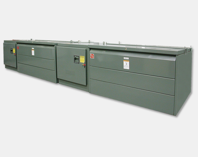 outlined image of a green four compartment custom metal-enclosed switchgear system six custom metal enclosed switchgear, system 6, 4 compartment metal enclosed switchgear Metal clad switchgear, metal enclosed switchgear