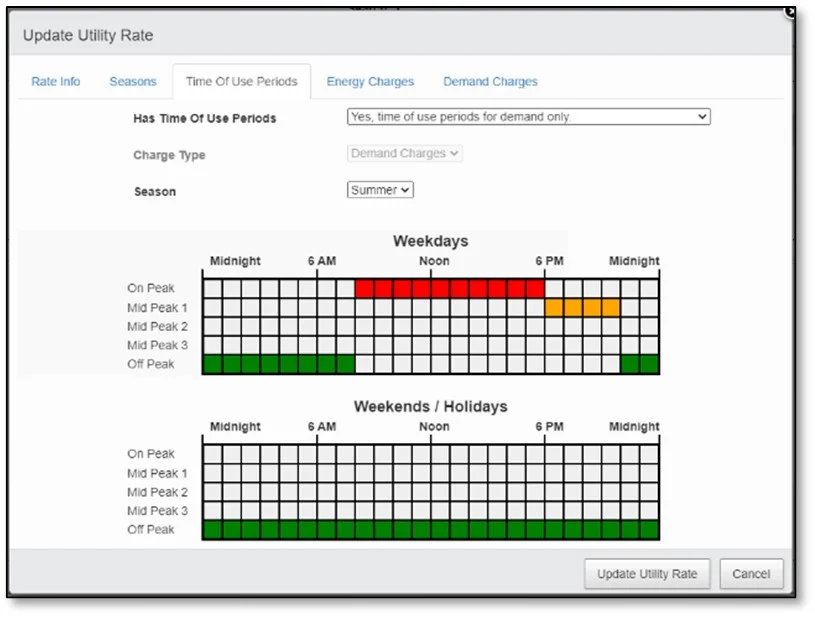 Interfaz del controlador GridMaster: Periodos de Tiempo de Uso de la Tasa de Actualización de las Empresas de Electricidad